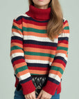 Contrast Stripes Turtleneck Long Sleeve Sweater