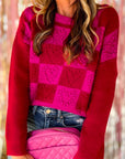 Checkered Round Neck Dropped Shoulder Sweater