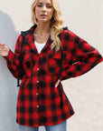 Double Take Drawstring Plaid Long Sleeve Hooded Shacket