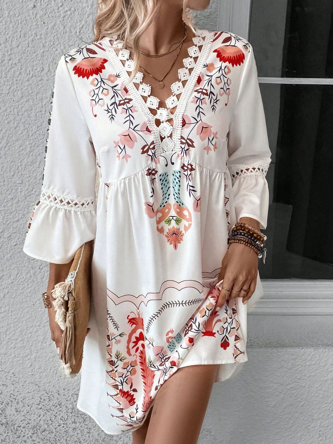 Gray Lace Detail Printed Three-Quarter Sleeve Dress