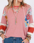 Striped Floral Patchwork Round Neck Top