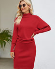 Turtle Neck Long Sleeve Ribbed Sweater Dress