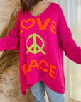 Peace Graphic V-Neck Long Sleeve Sweater