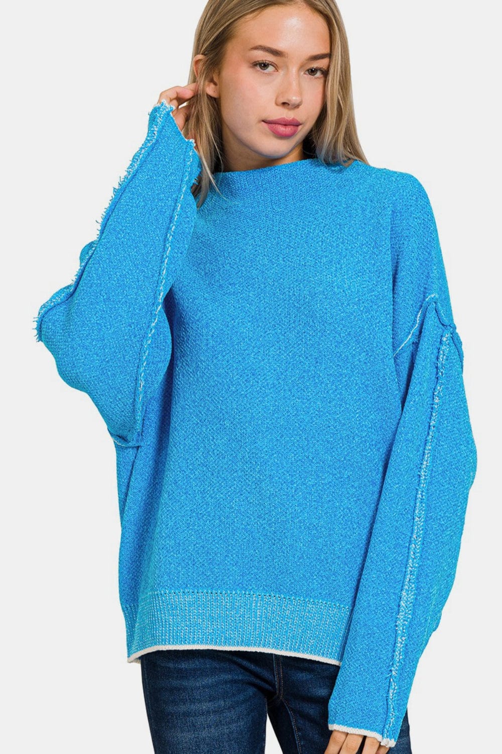 Dodger Blue Zenana Exposed Seam Mock Neck Long Sleeve Sweater