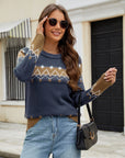 Contrast Round Neck Long Sleeve Sweater