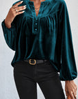 Black Ruched Decorative Button Notched Blouse