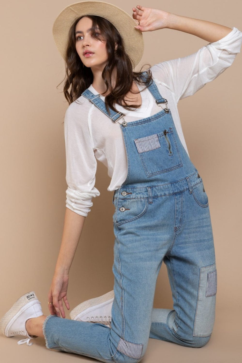 Rosy Brown POL Front Chest Zipper Slim Leg Denim Overalls