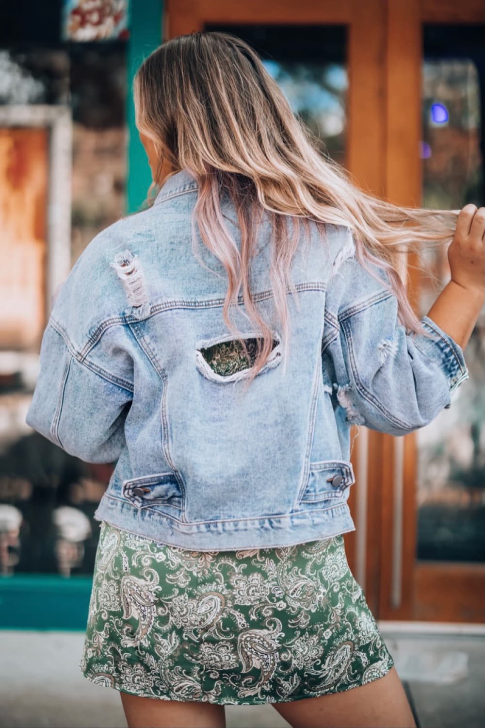 Dark Olive Green Distressed Drop Shoulder Denim Jacket