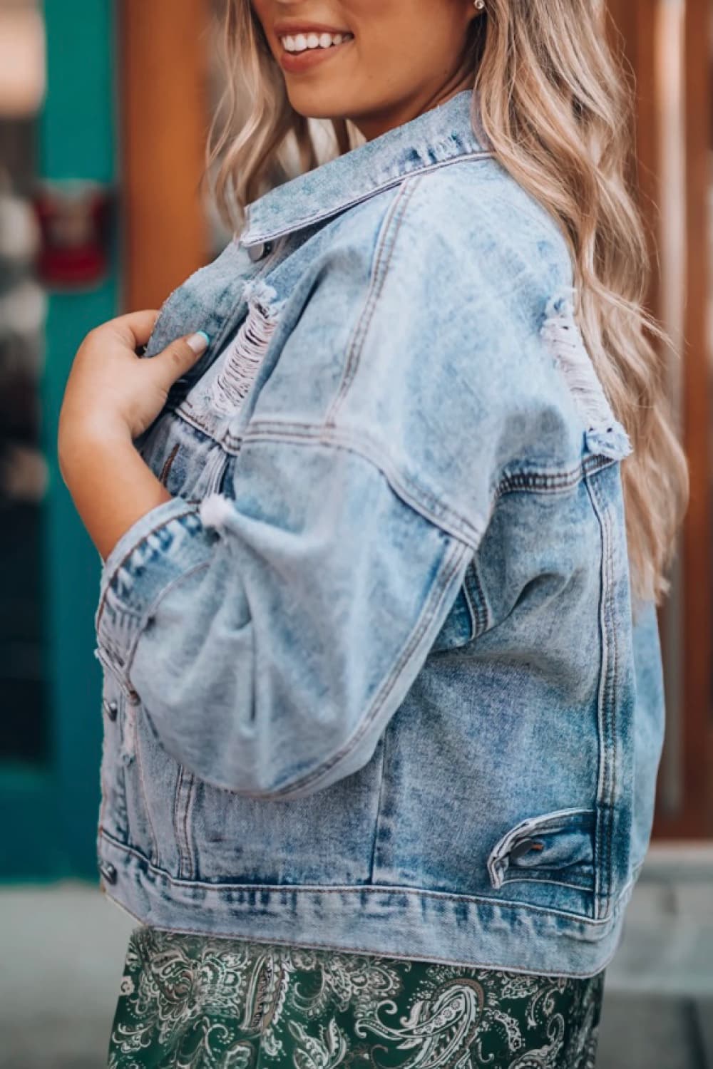 Light Slate Gray Distressed Drop Shoulder Denim Jacket