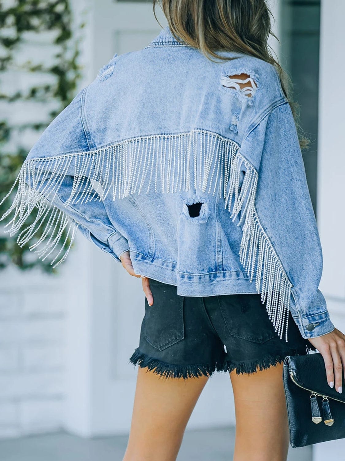 Light Steel Blue Distressed Fringe Denim Jacket