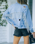 Light Steel Blue Distressed Fringe Denim Jacket