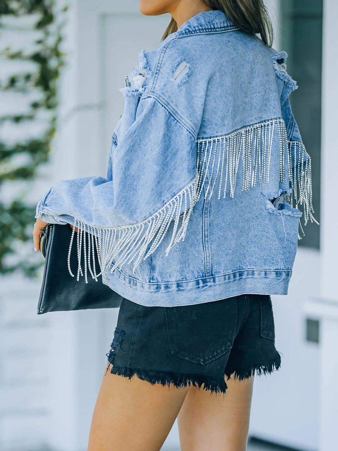 Light Steel Blue Distressed Fringe Denim Jacket