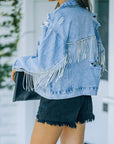 Light Steel Blue Distressed Fringe Denim Jacket