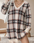 Distressed Plaid V-Neck Long Sleeve Sweater Dress