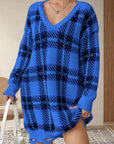 Distressed Plaid V-Neck Long Sleeve Sweater Dress