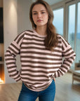 Distressed Striped Round Neck Long Sleeve Sweater