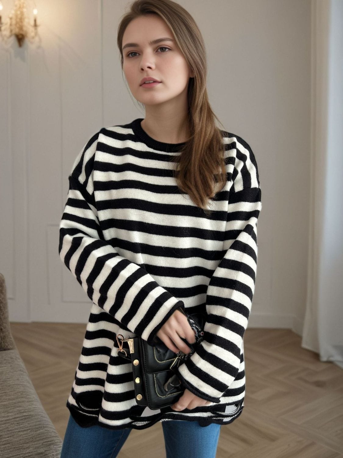 Distressed Striped Round Neck Long Sleeve Sweater