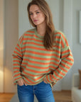 Distressed Striped Round Neck Long Sleeve Sweater