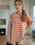 Distressed Striped Round Neck Long Sleeve Sweater