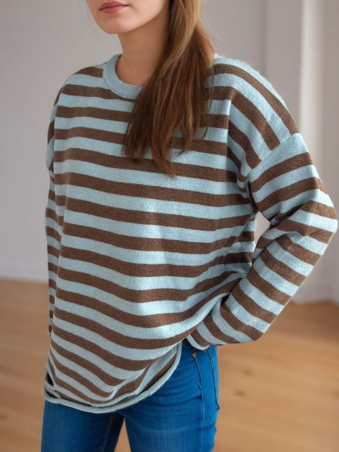 Distressed Striped Round Neck Long Sleeve Sweater