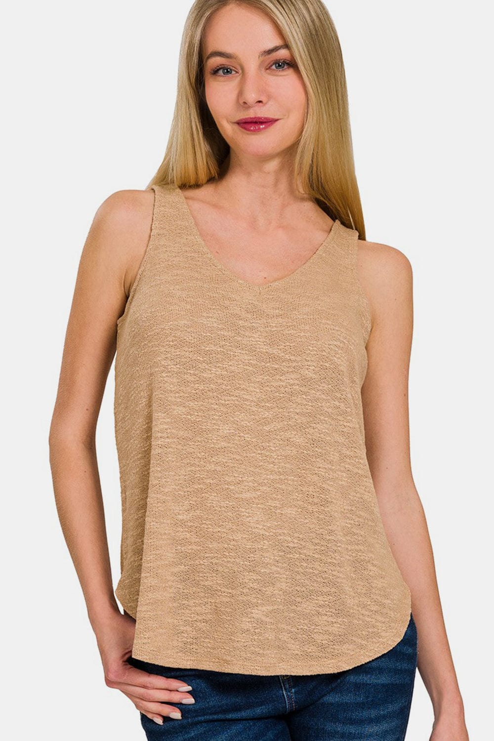 Tan Zenana V-Neck Curved Hem Tank