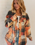 Double Take Button Up Plaid Fleece Shacket with Pockets