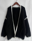 Double Take Contrast Open Front Dropped Shoulder Cardigan