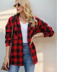 Double Take Drawstring Plaid Long Sleeve Hooded Shacket