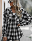 Double Take Drawstring Plaid Long Sleeve Hooded Shacket