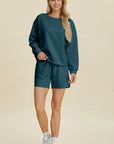 Double Take Full Size Texture Round Neck Long Sleeve Top and Shorts Set