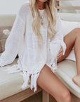 Gray Double Take Openwork Tassel Hem Long Sleeve Knit Cover Up