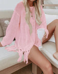 Dark Gray Double Take Openwork Tassel Hem Long Sleeve Knit Cover Up