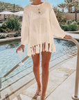 Gray Double Take Openwork Tassel Hem Long Sleeve Knit Cover Up