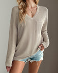 Double Take Pocketed Textured V-Neck Long Sleeve T-Shirt