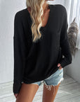 Double Take Pocketed Textured V-Neck Long Sleeve T-Shirt