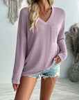 Double Take Pocketed Textured V-Neck Long Sleeve T-Shirt