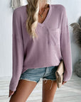 Double Take Pocketed Textured V-Neck Long Sleeve T-Shirt