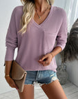 Double Take Pocketed Textured V-Neck Long Sleeve T-Shirt