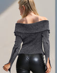 Double Take Ribbed Off-Shoulder Zip Up Long Sleeve Cardigan