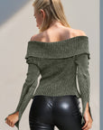 Double Take Ribbed Off-Shoulder Zip Up Long Sleeve Cardigan