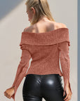 Double Take Ribbed Off-Shoulder Zip Up Long Sleeve Cardigan