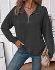 Double Take Striped Half Zip Long Sleeve T-Shirt