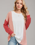 Double Take Texture Contrast Round Neck Long Sleeve T-Shirt