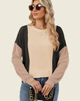 Double Take Texture Contrast Round Neck Long Sleeve T-Shirt