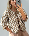 Double Take Tied Checkered Dropped Shoulder Flounce Sleeve Cardigan