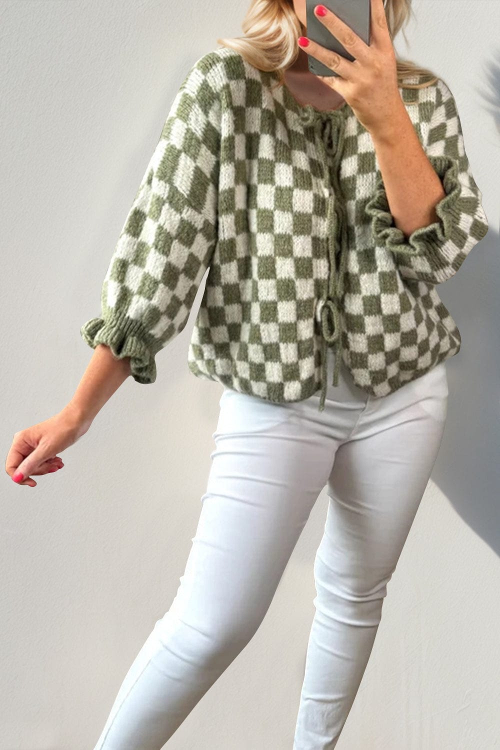 Double Take Tied Checkered Dropped Shoulder Flounce Sleeve Cardigan