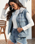 Drawstring Button Up Sleeveless Denim Jacket