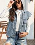 Drawstring Button Up Sleeveless Denim Jacket