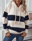 Drawstring Contrast Stripe Dropped Shoulder Hooded Sweater