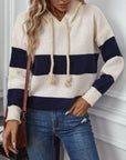 Drawstring Contrast Stripe Dropped Shoulder Hooded Sweater